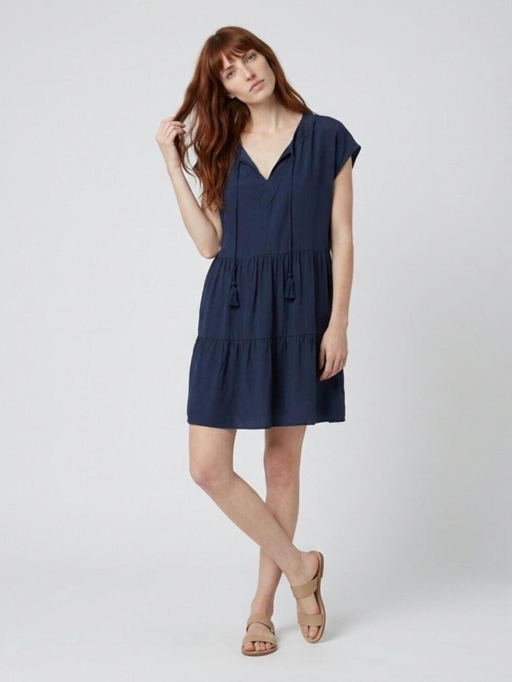 Marie Oliver Navy Silk Tiered Dress Size S 100%